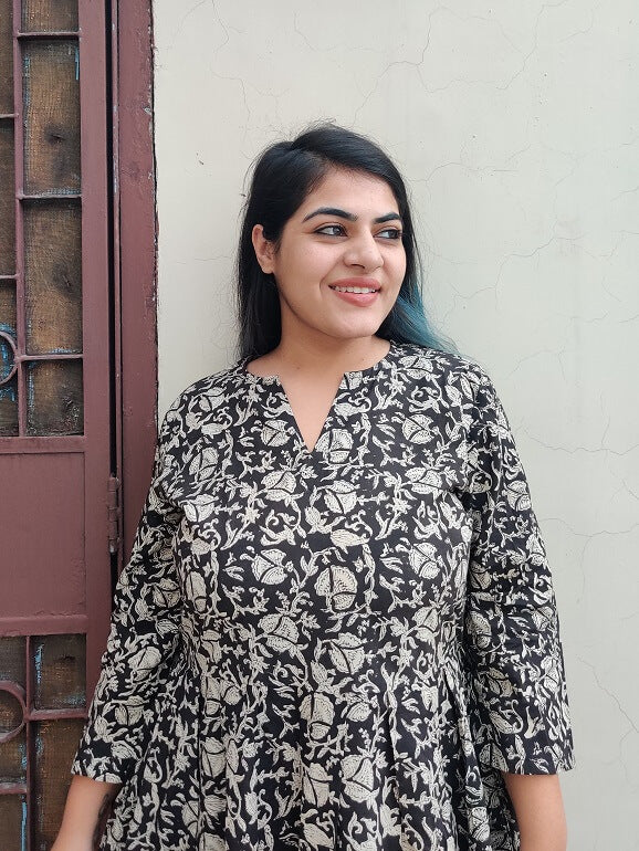 Black Kalamkari Hand Block Printed Midi Dress with Box Pleats