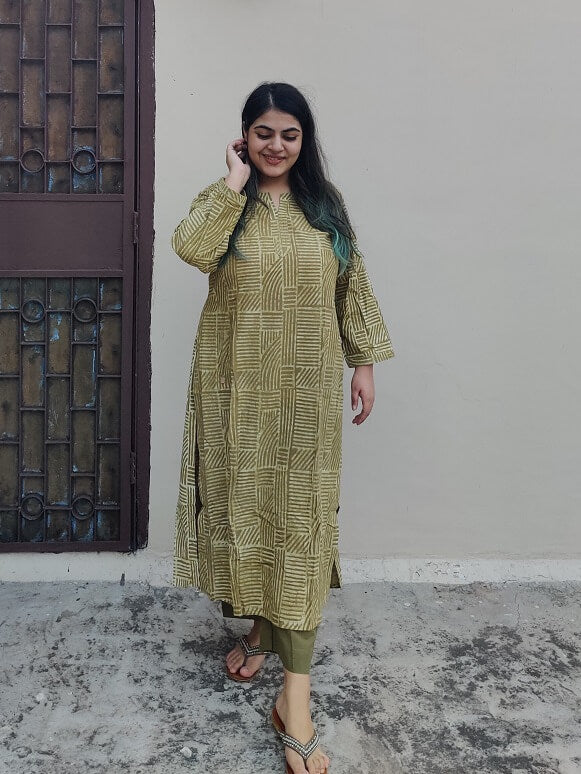 Olive Green Lines Handblock Printed Cotton Long Kurta