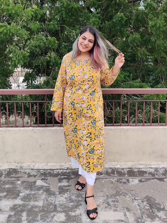 Yellow Floral Hand Block Printed Cotton Long Kurta