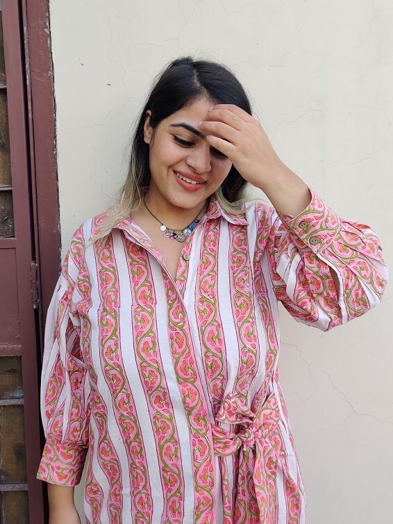 Cherry Hand Block Printed Comfort Fit Knee Length Shirt Dress with Side Belt