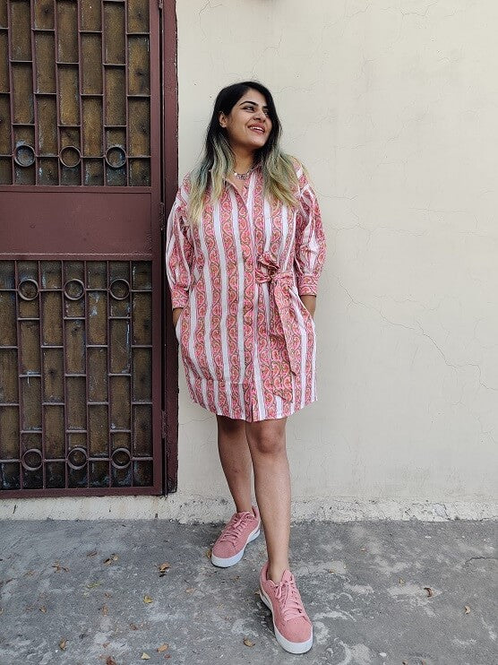 Cherry Hand Block Printed Comfort Fit Knee Length Shirt Dress with Side Belt