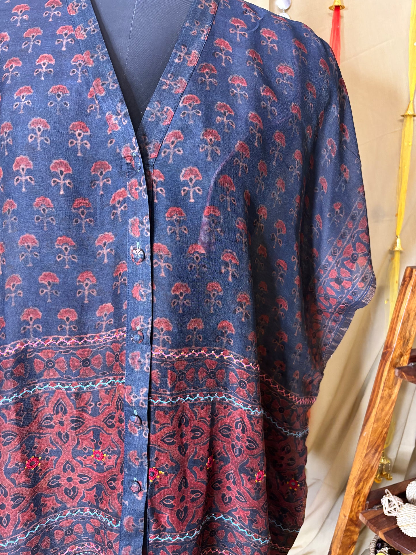 Indigo Red Ajrakh Chanderi Shirt Kaftan with Hand Embroidery