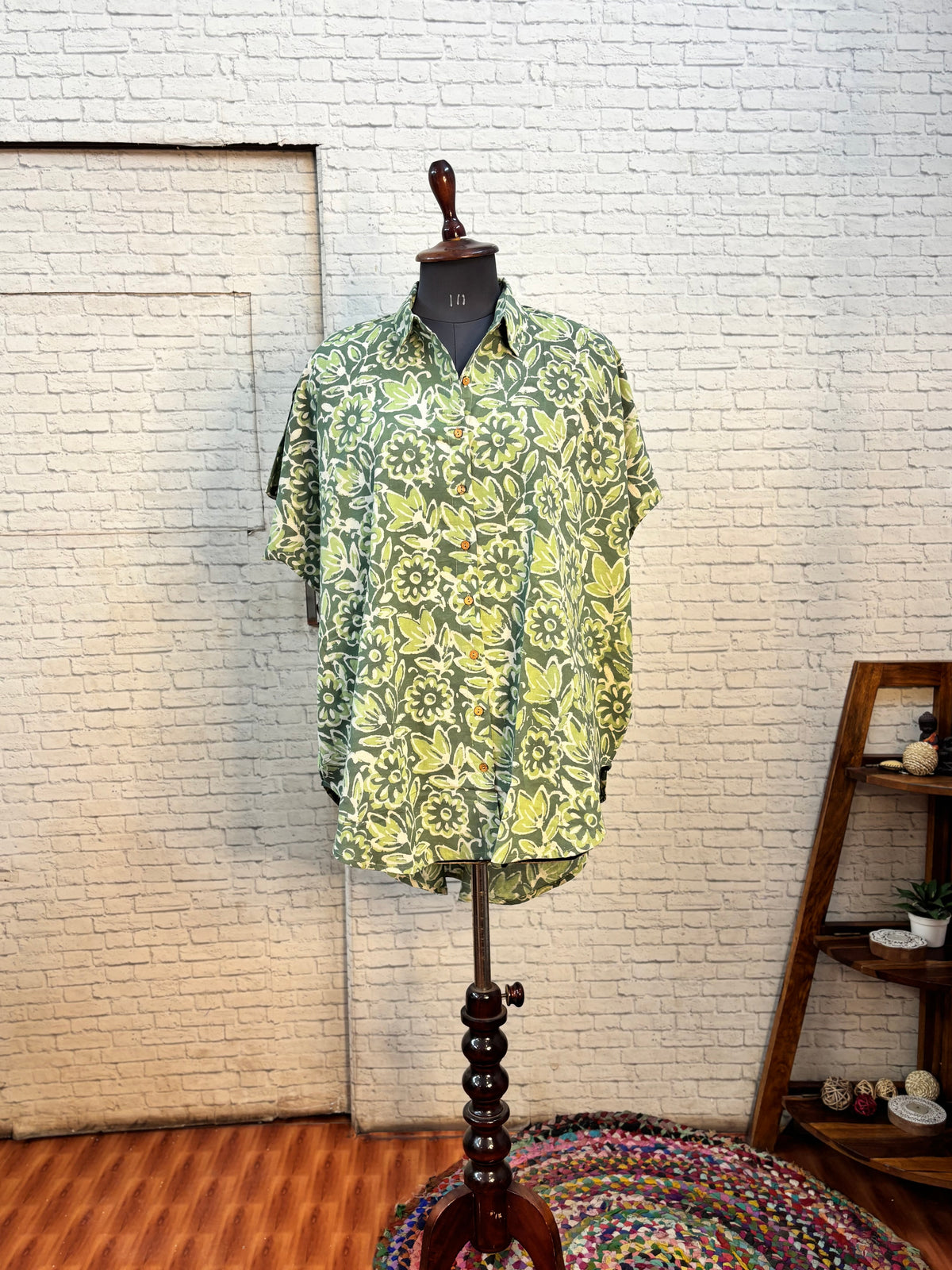 Green Floral Dabu Hand Block Printed Cotton High Low Shirt Kaftan
