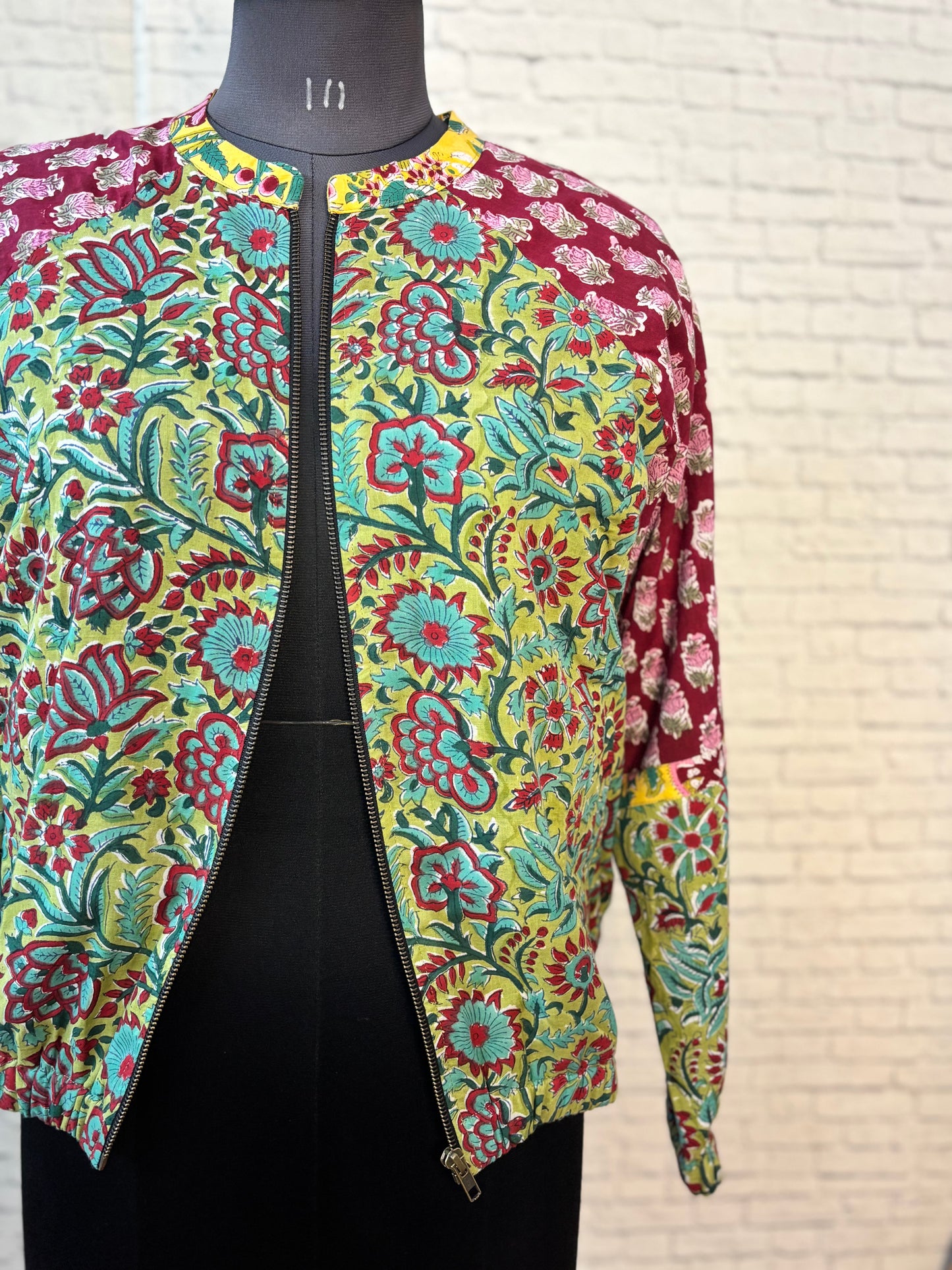 Red Green Hand Block Printed Unisex Bomber Jacket