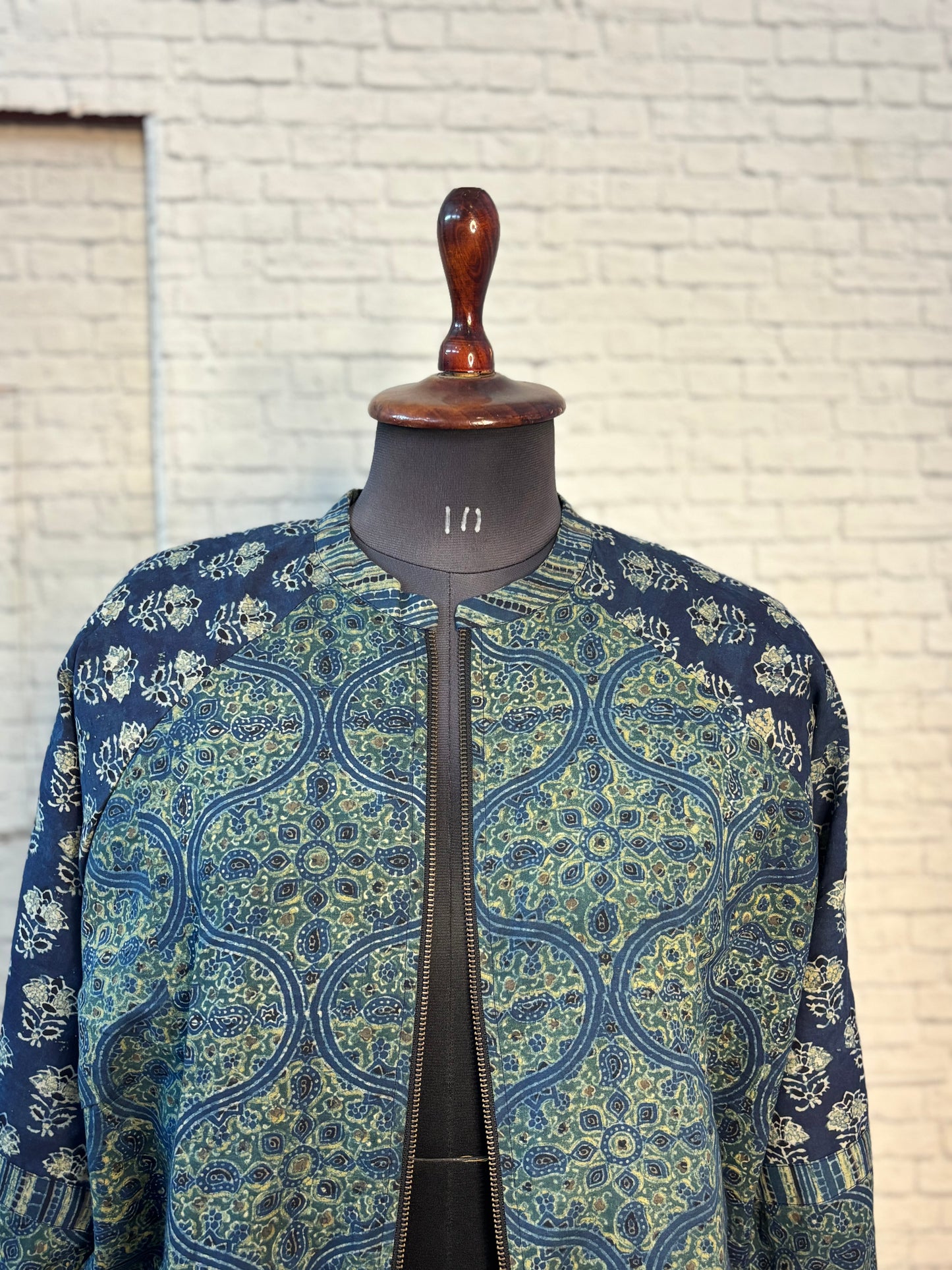 Indigo Green Ajrakh Hand Block Printed Unisex Bomber Jacket