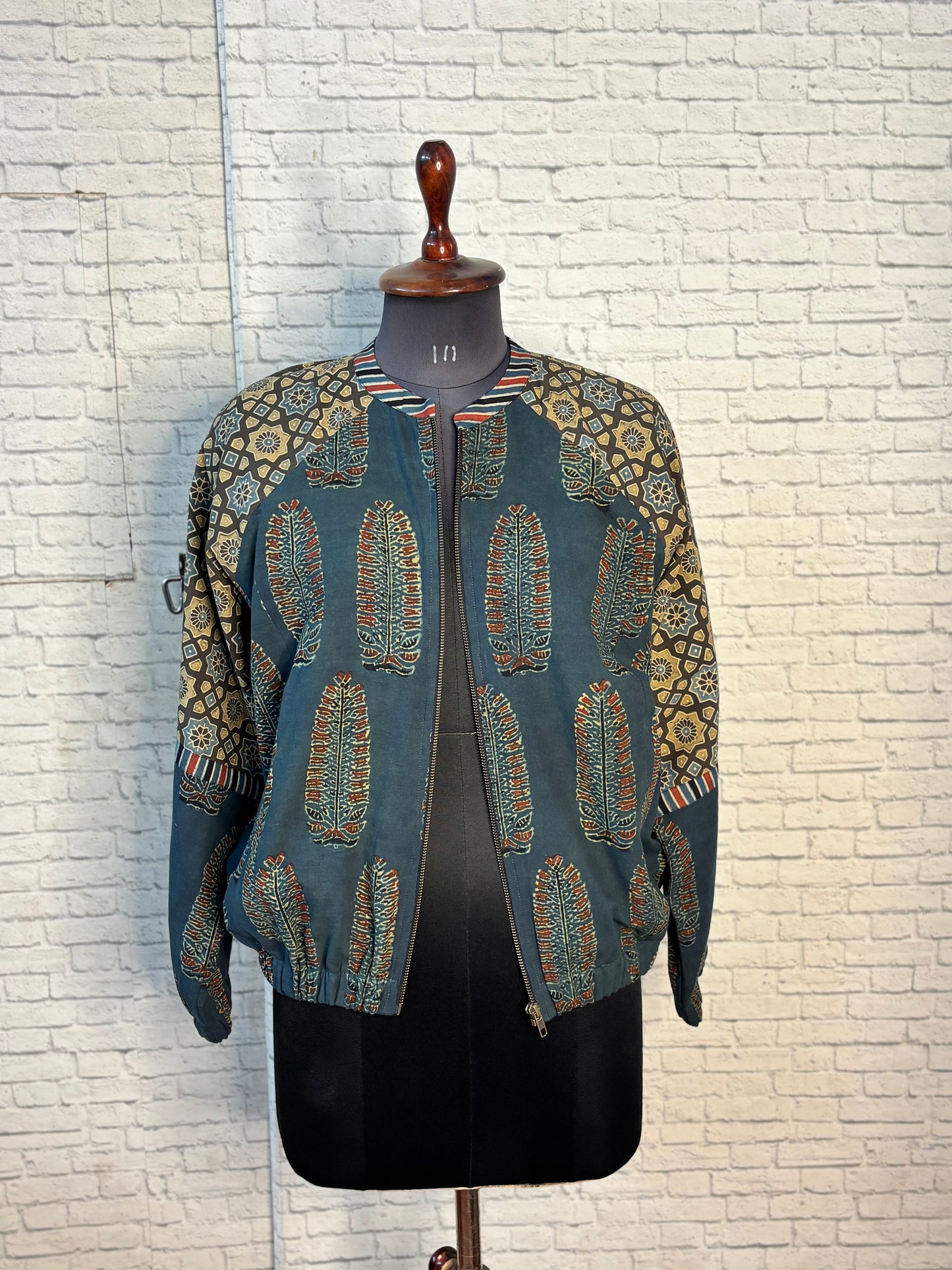 Green Brown Hand Block Printed Unisex Bomber Jacket