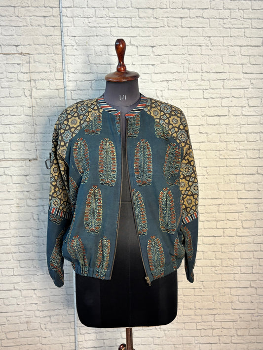 Green Brown Hand Block Printed Unisex Bomber Jacket