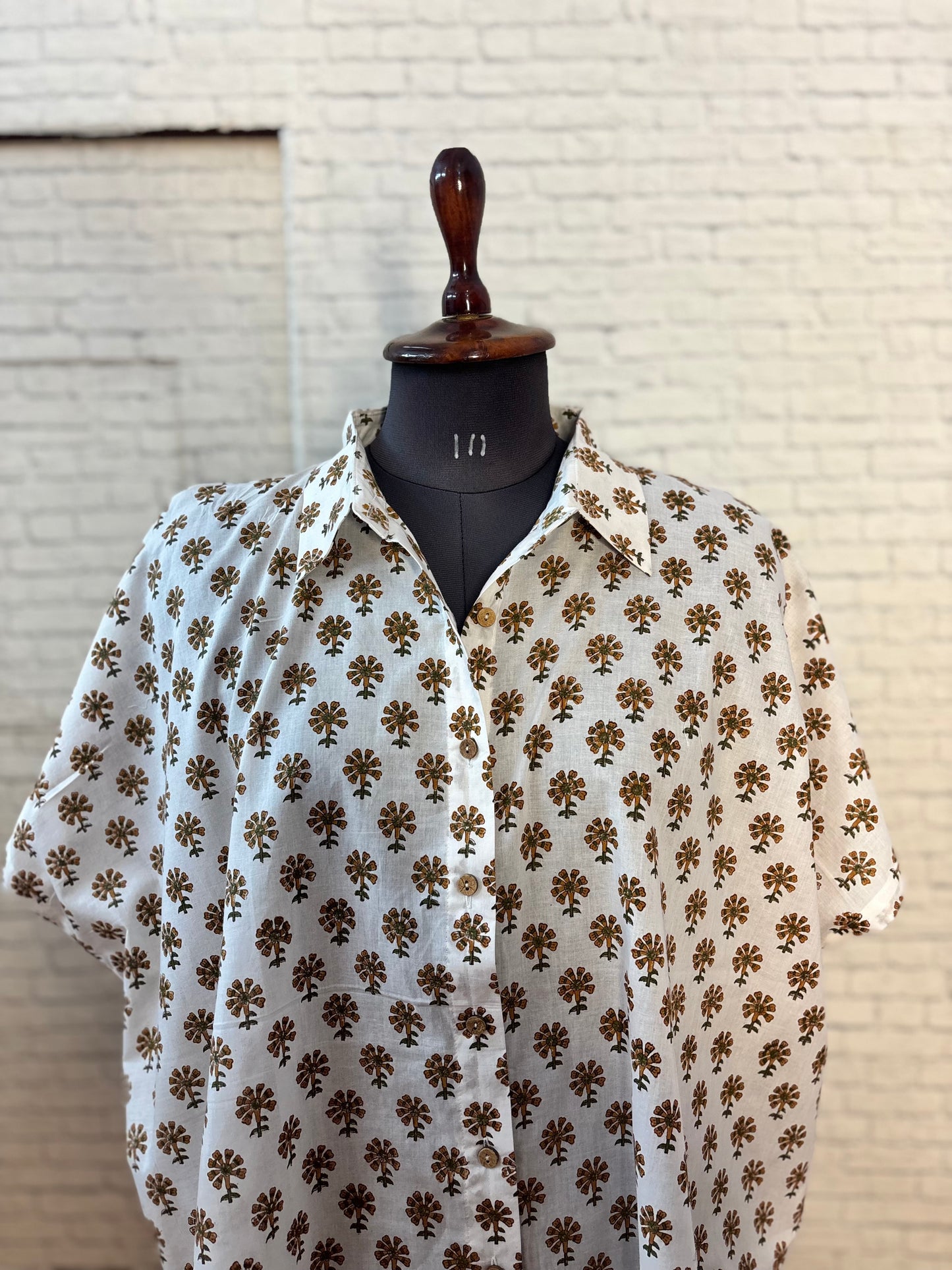 Ivory Mocha Cotton Hand Block Printed High-Low Shirt Kaftan