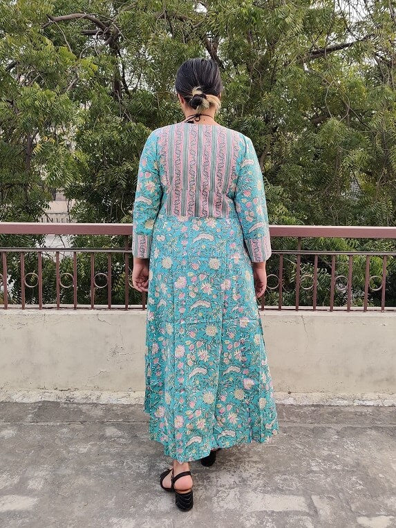 Baani Hand Block Printed A Line Maxi Patch Dress
