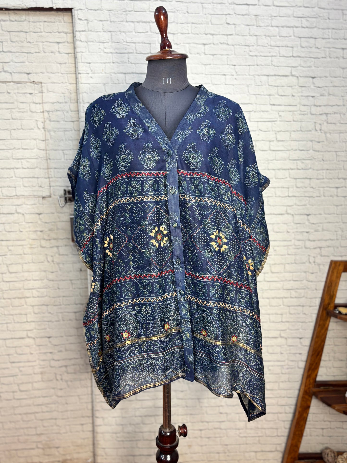 Indigo Green Ajrakh Chanderi Shirt Kaftan with Hand Embroidery