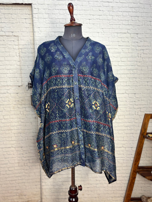 Indigo Green Ajrakh Chanderi Shirt Kaftan with Hand Embroidery