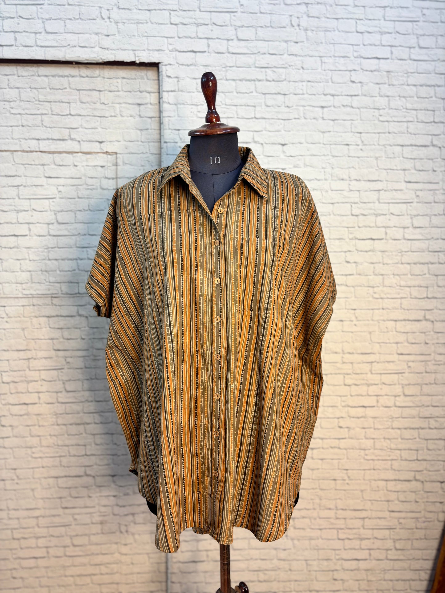 Orange Brown Dotted Ajrakh Stripes Cotton High Low Shirt Kaftan