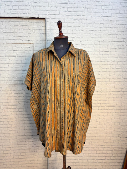 Orange Brown Dotted Ajrakh Stripes Cotton High Low Shirt Kaftan