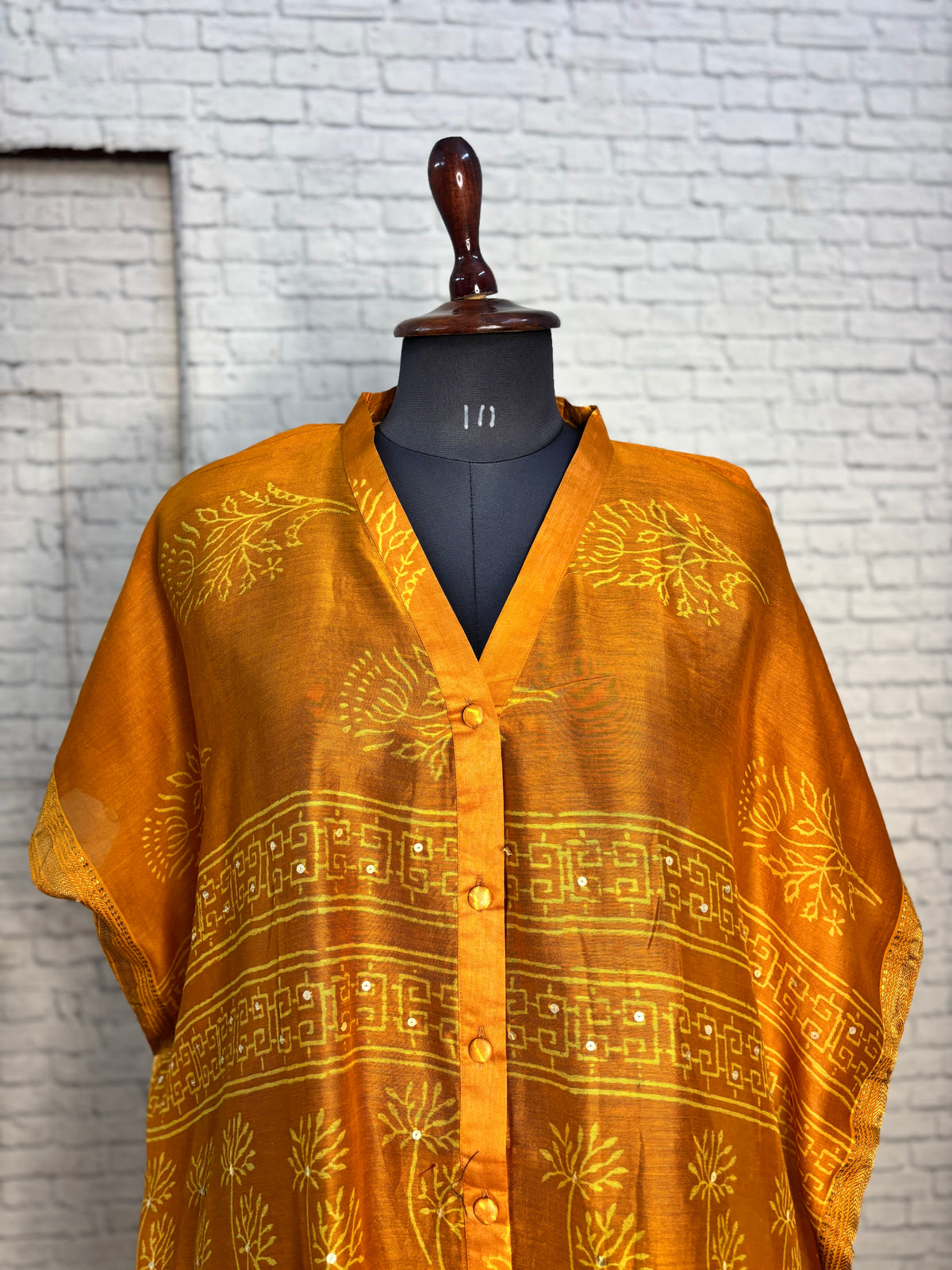 Yellow Hand Block Print Chanderi Shirt Kaftan with Sequin Detailing