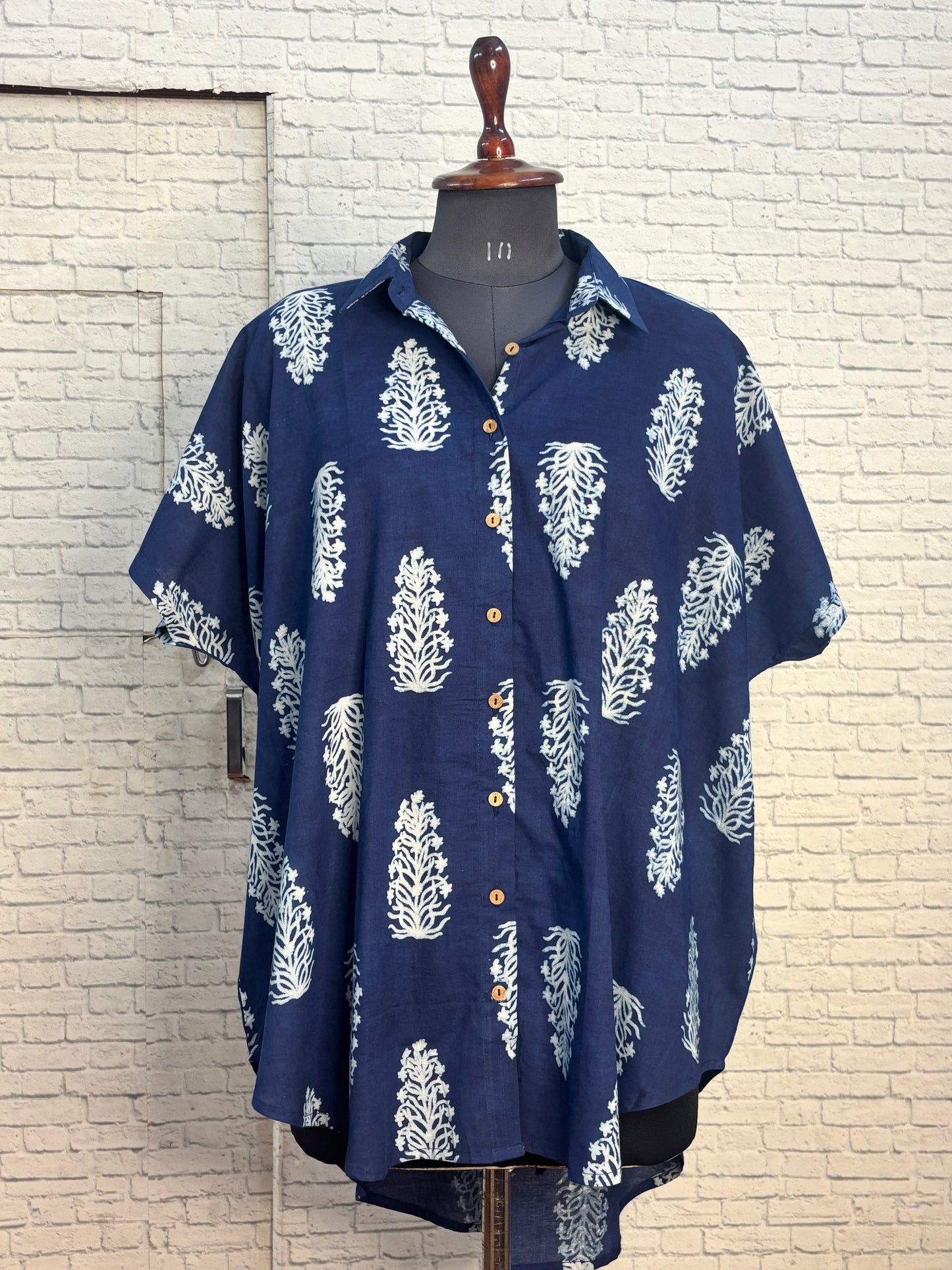 Indigo Botanical Cotton High Low Shirt Kaftan