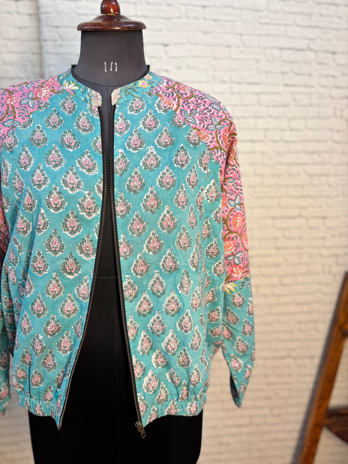 Green Pink Hand Block Printed Unisex Bomber Jacket