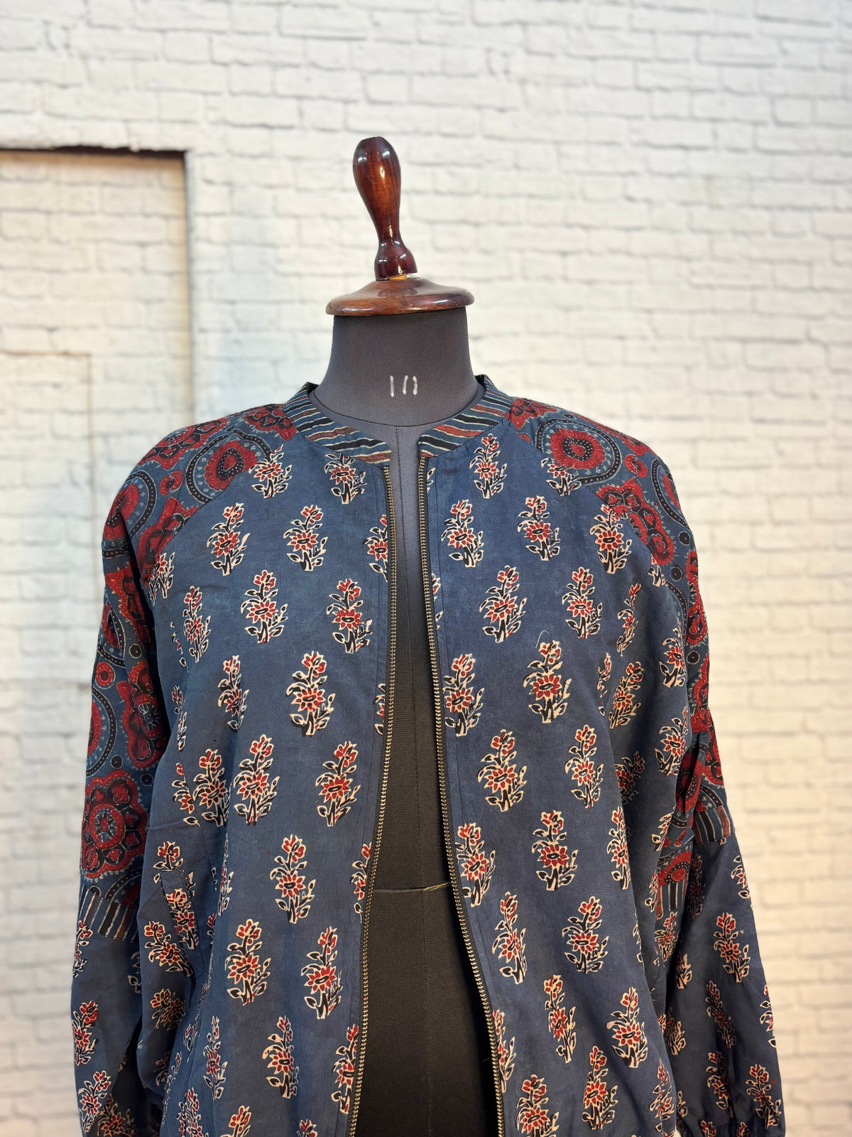Indigo Red Ajrakh Hand Block Printed Unisex Bomber Jacket