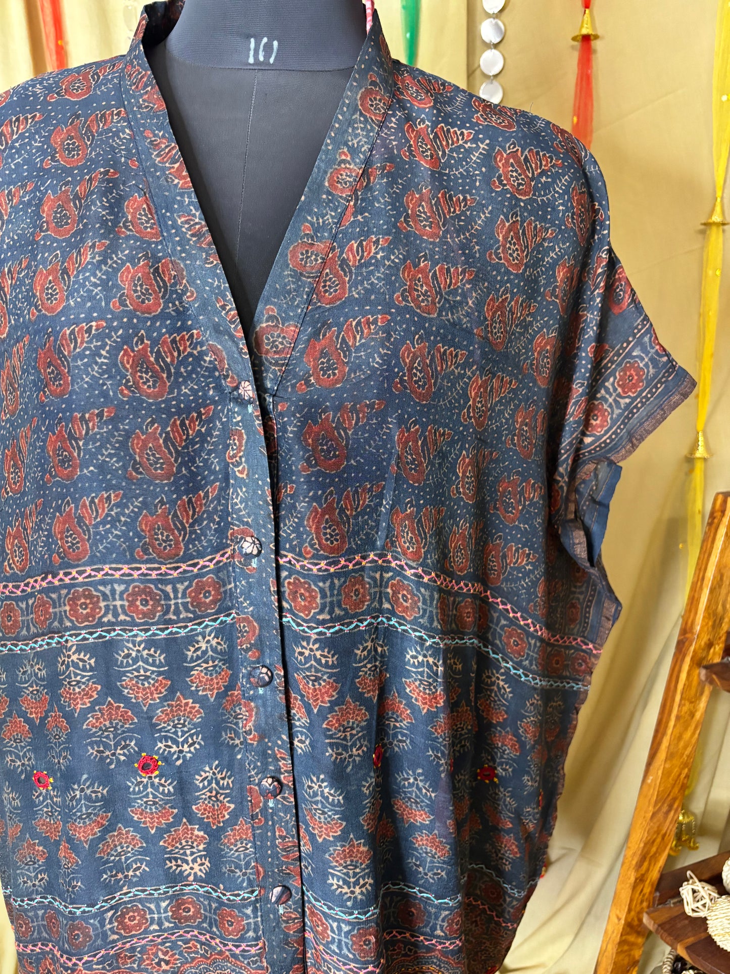 Indigo Red Ajrakh Chanderi Shirt Kaftan with Hand Embroidery