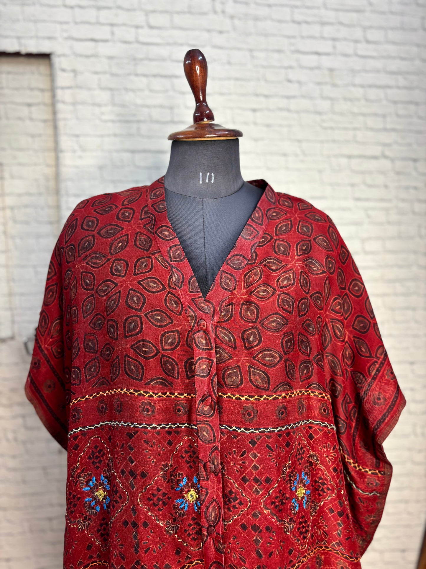 Red Ajrakh Chanderi Shirt Kaftan with Hand Embroidery