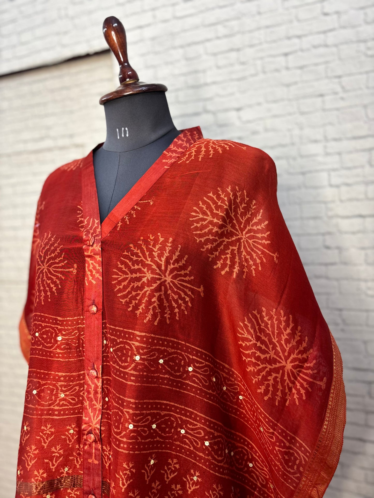 Red Dabu Chanderi Shirt Kaftan with Sequin Detailing