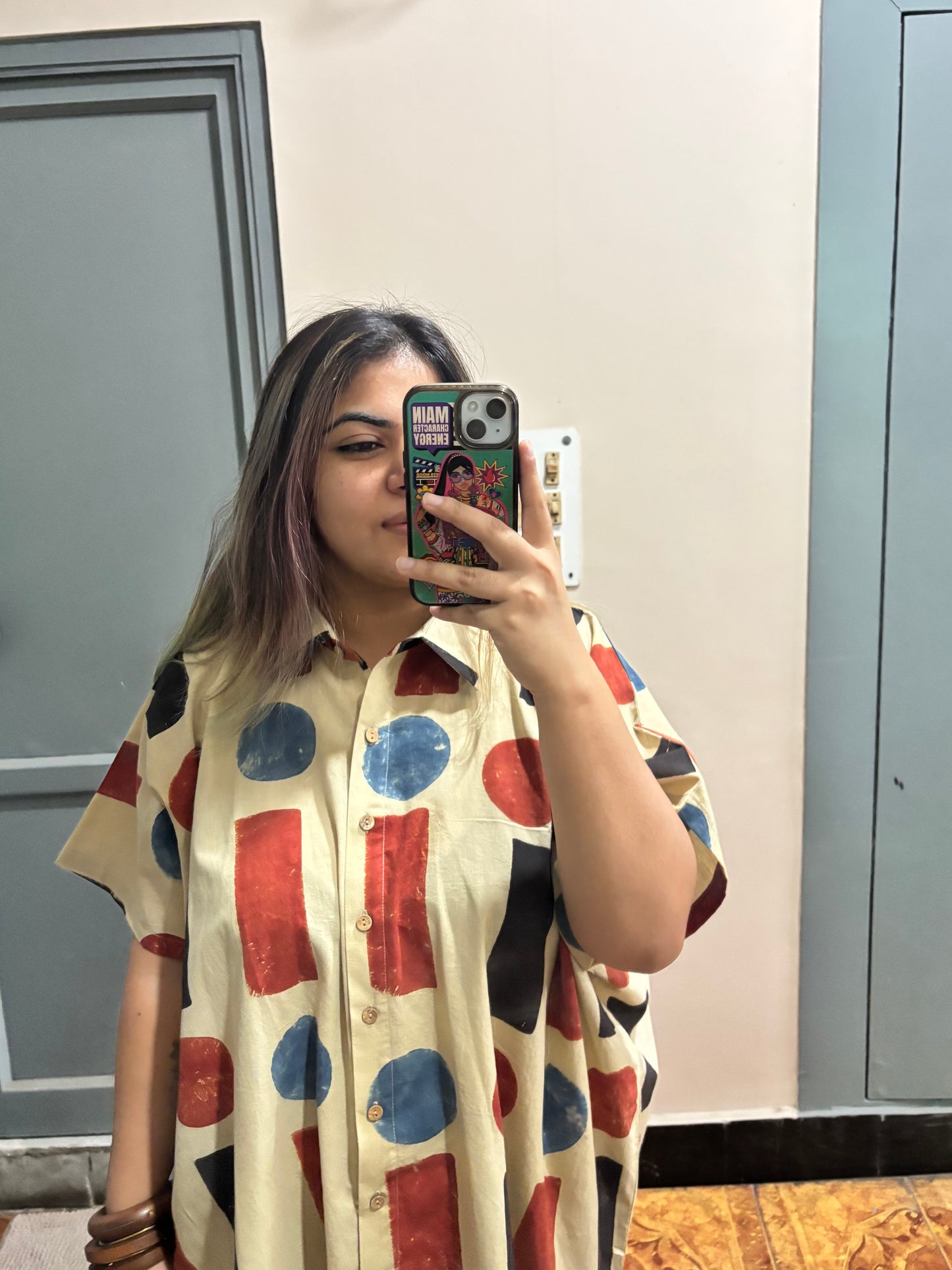 White Geometric Ajrakh High Low Shirt Kaftan
