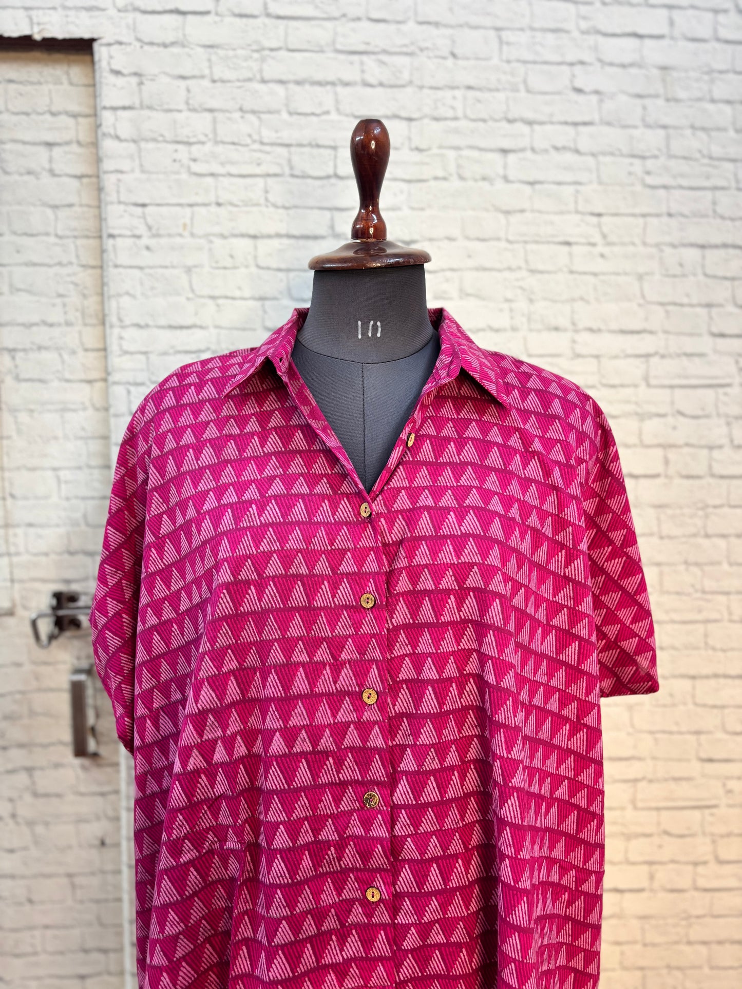 Pink Triangles Hand Block Printed Cotton High Low Shirt Kaftan
