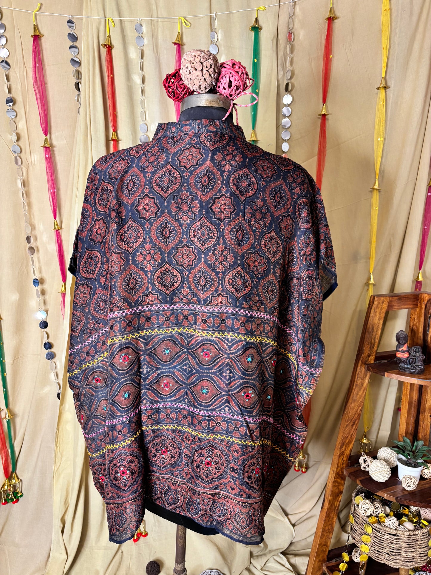 Indigo Red Ajrakh Chanderi Shirt Kaftan with Hand Embroidery