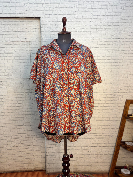 Red Kalamkari Hand Block Printed Cotton High Low Shirt Kaftan