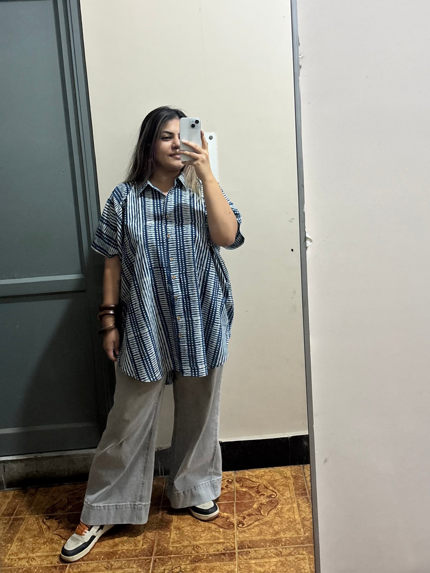 Indigo Dabu Cotton High Low Shirt Kaftan