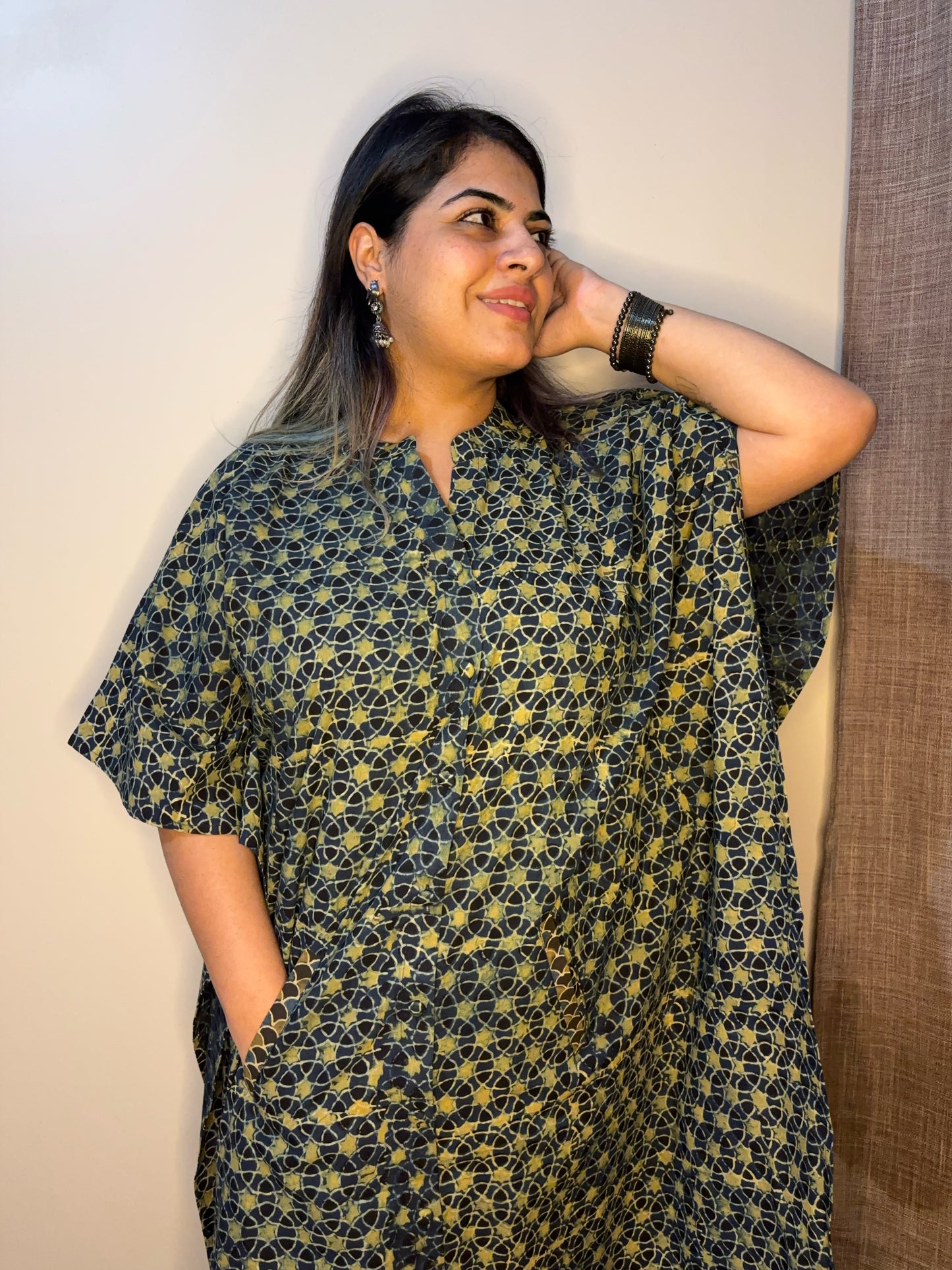 Indigo Green High Low Ajrakh Midi Cotton Shirt Kaftan