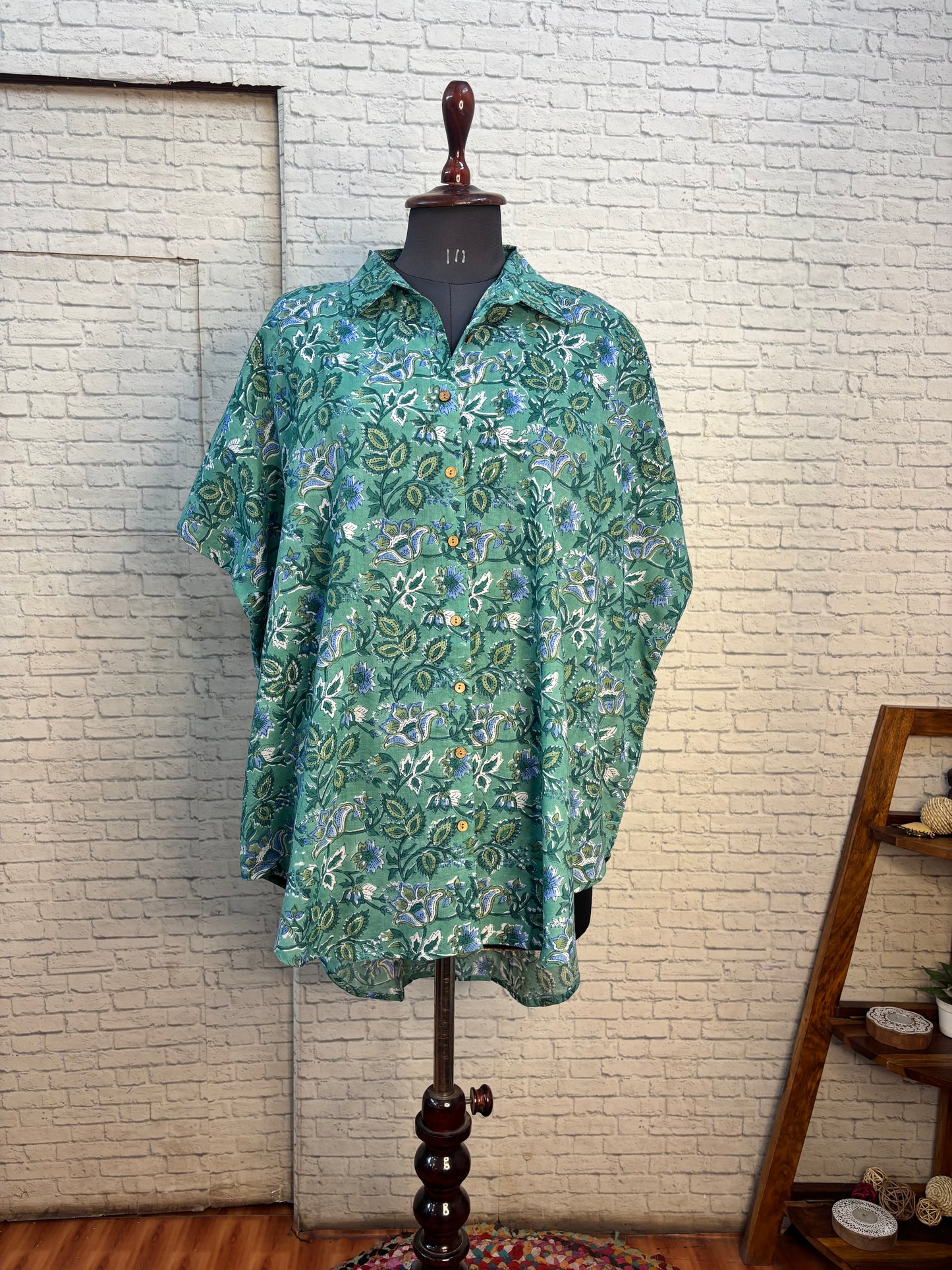 Green Floral  Hand Block Printed Cotton High Low Shirt Kaftan