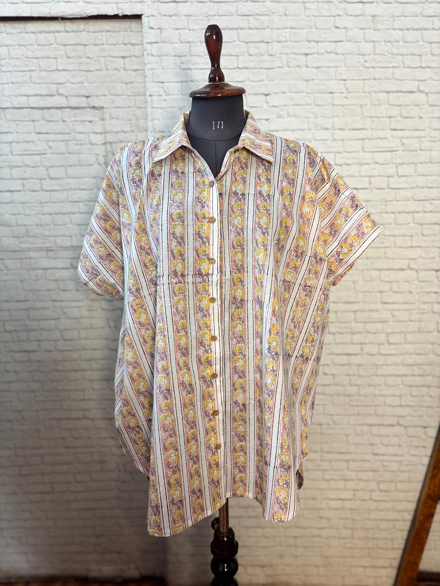 Blush Yellow Cotton Hand Block Printed High-Low Shirt Kaftan