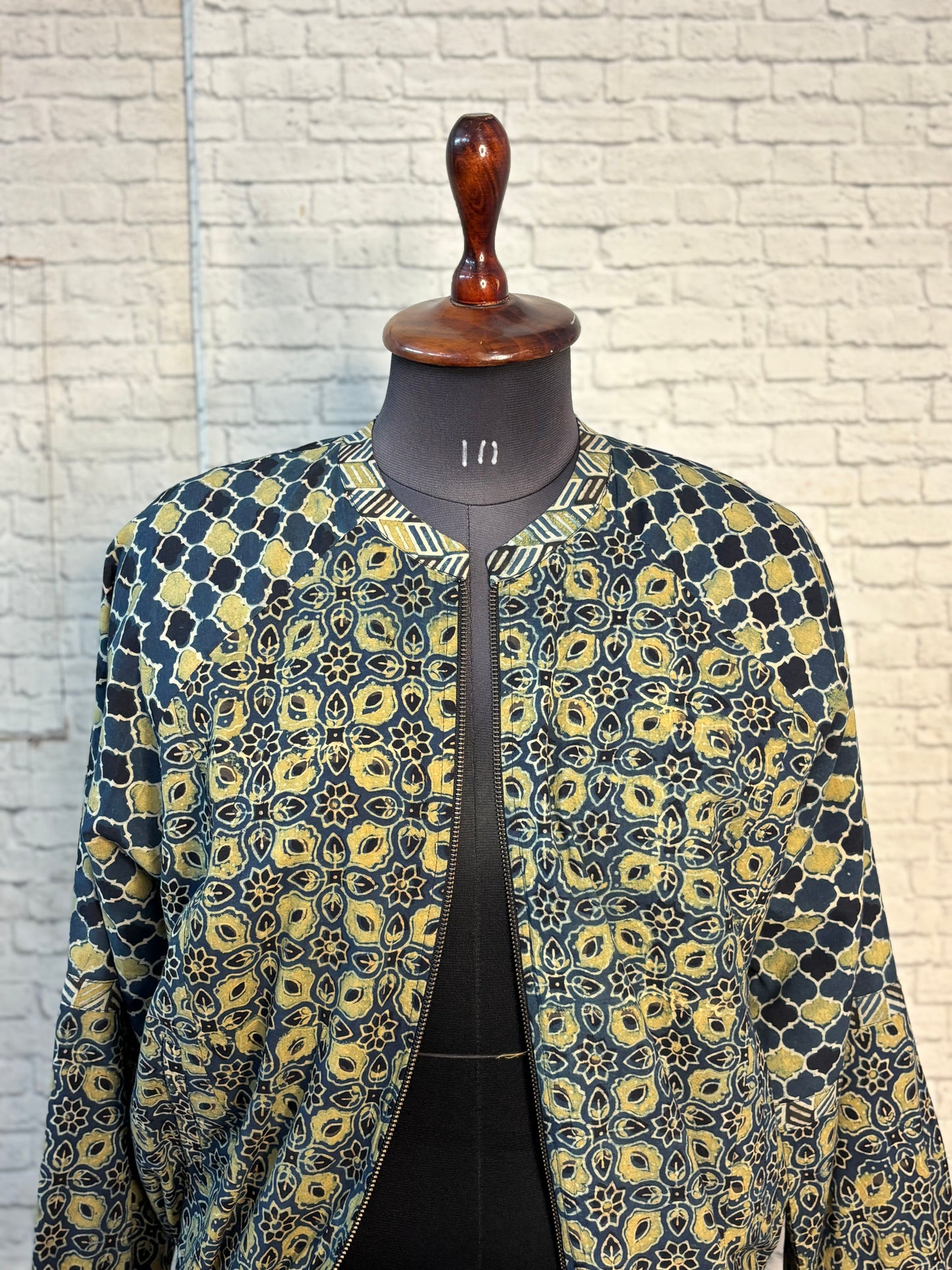 Indigo Green Hand Block Printed Unisex Bomber Jacket