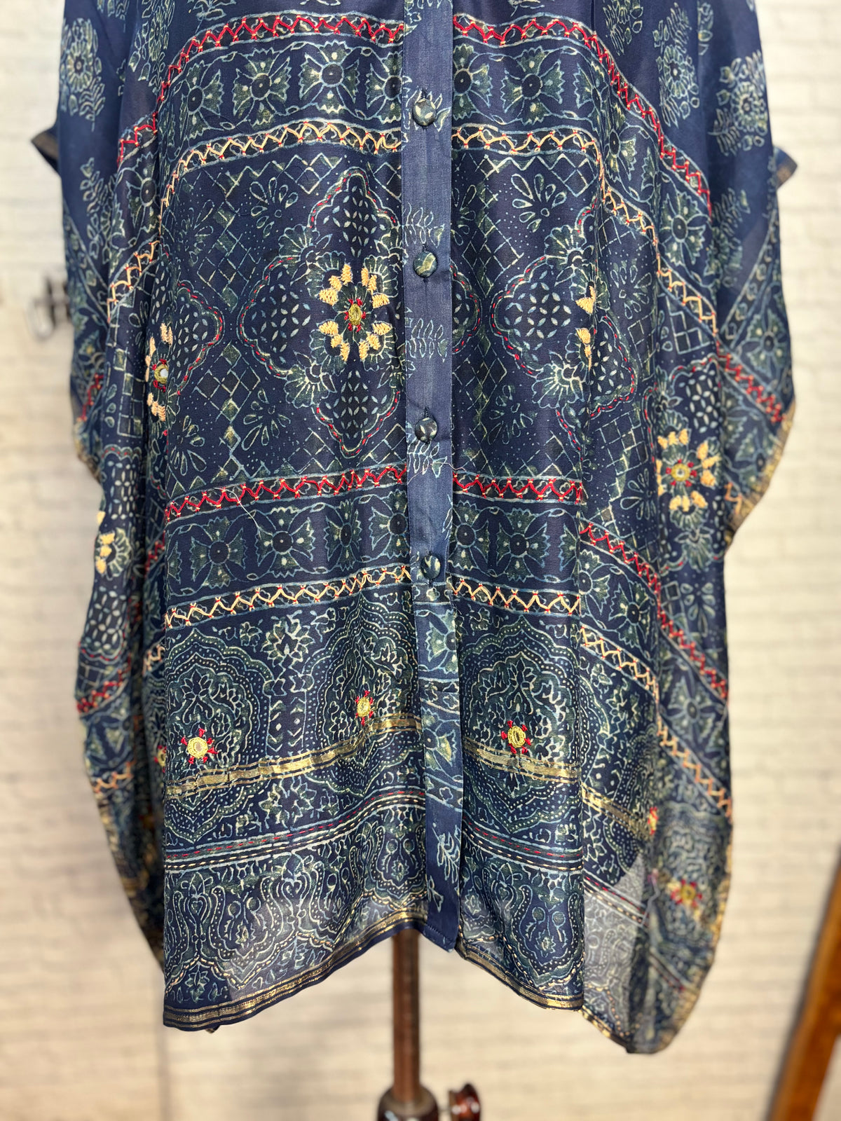 Indigo Green Ajrakh Chanderi Shirt Kaftan with Hand Embroidery