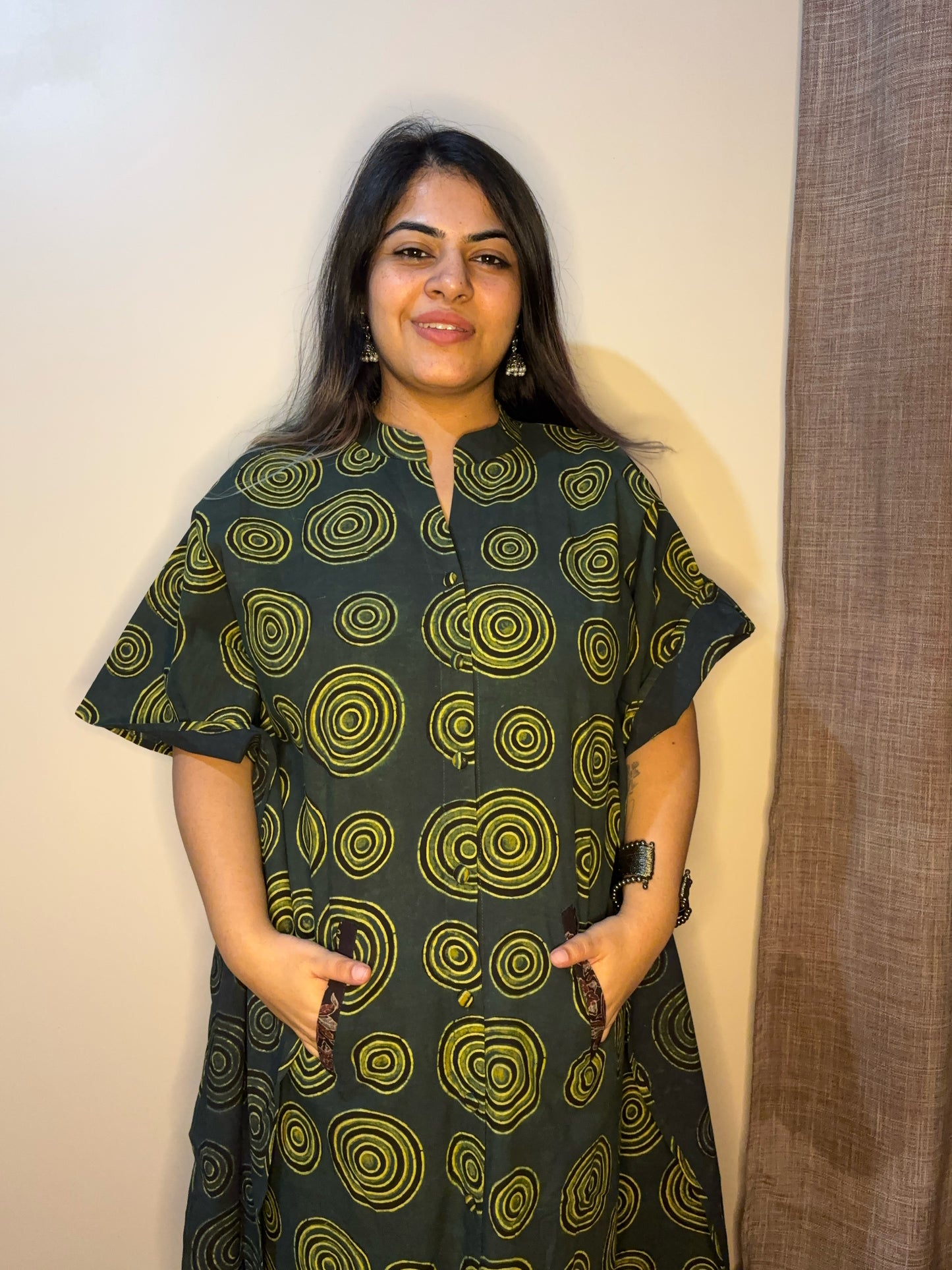 Green High Low Ajrakh Midi Cotton Shirt Kaftan