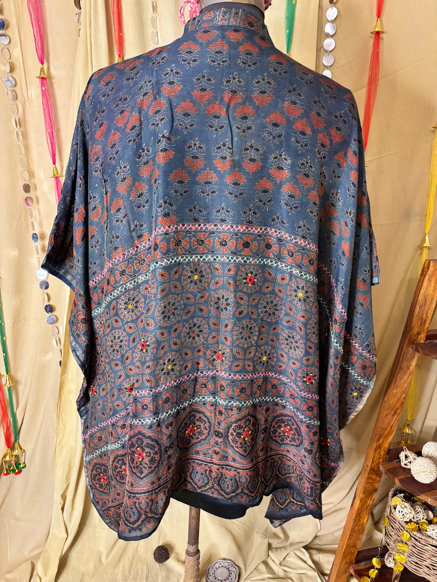Indigo Red Ajrakh Chanderi Shirt Kaftan with Hand Embroidery