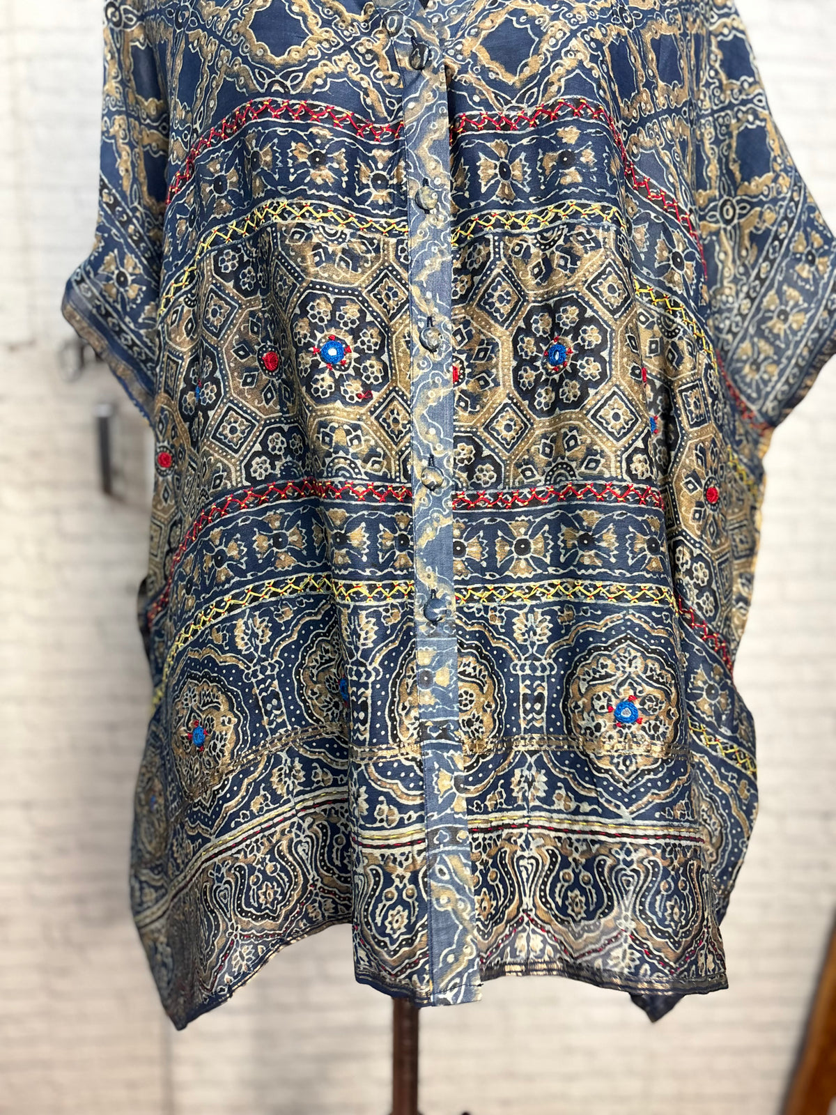 Indigo Green Ajrakh Chanderi Shirt Kaftan with Hand Embroidery