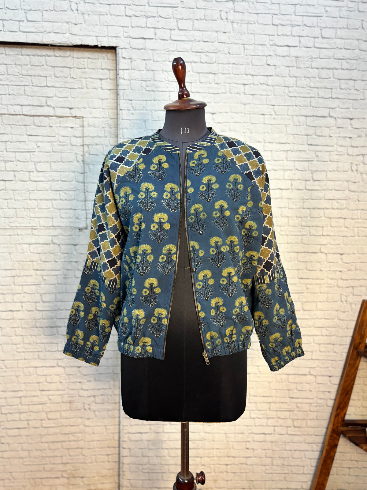 Indigo Green Ajrakh Hand Block Printed Unisex Bomber Jacket