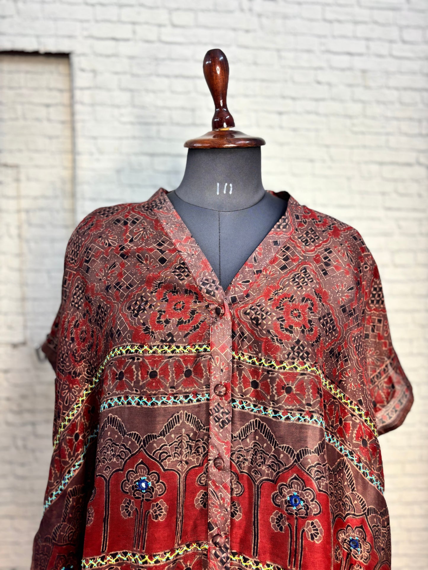 Kashish Red Ajrakh Chanderi Shirt Kaftan with Hand Embroidery