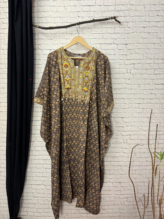 Kashish Yellow Ajrakh Hand Embroidered Patch Kaftan