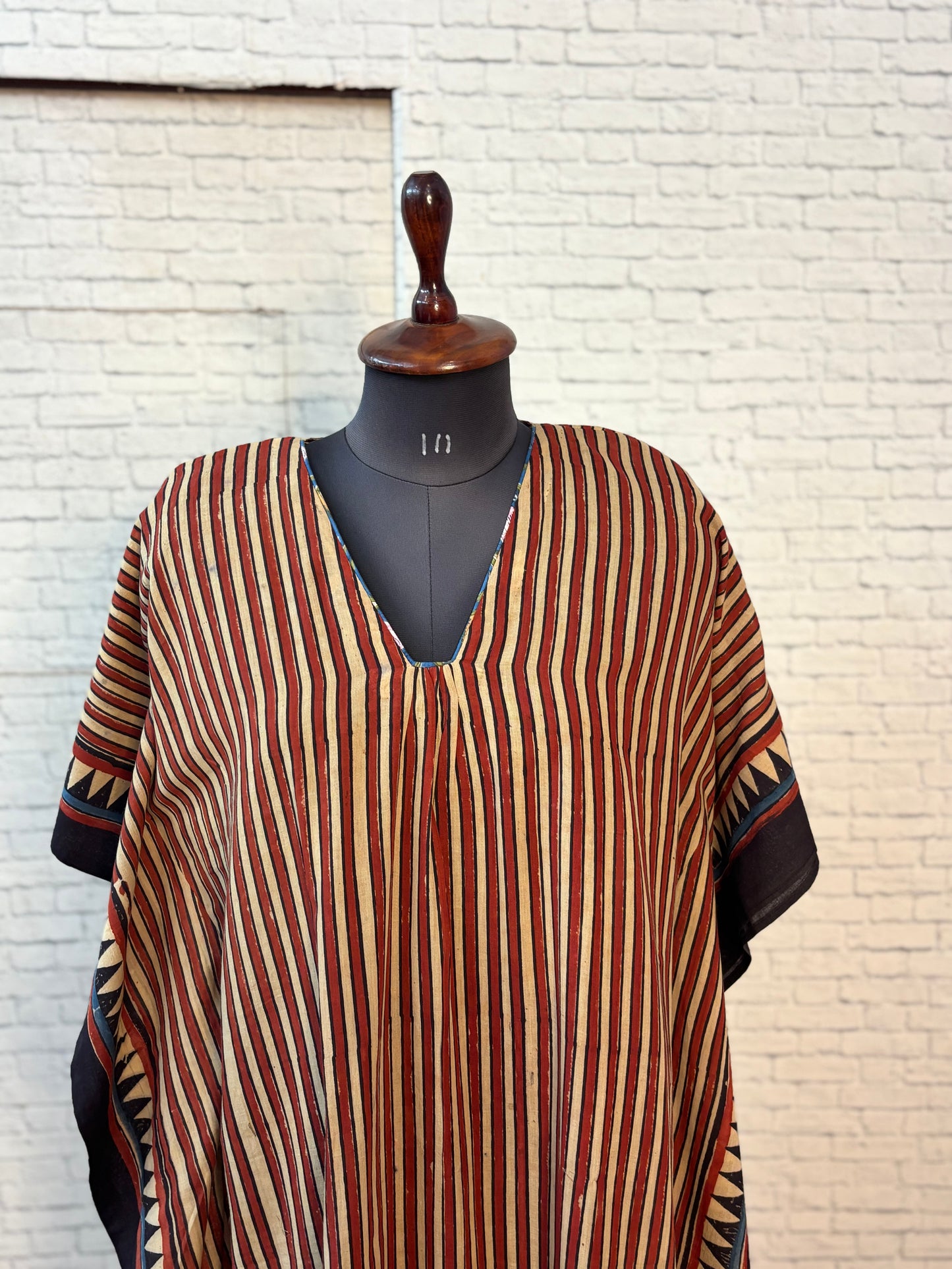 Red White Ajrakh Long Kaftan with Gather and Tassels