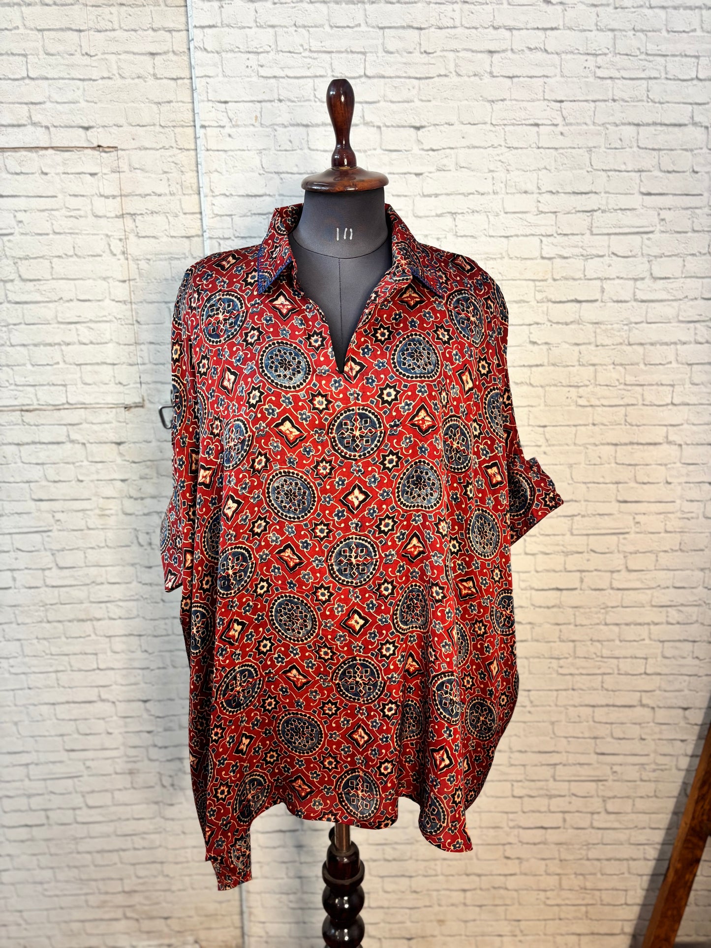 Red Modal Silk Ajrakh Kaftan Top
