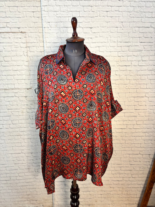 Red Modal Silk Ajrakh Kaftan Top