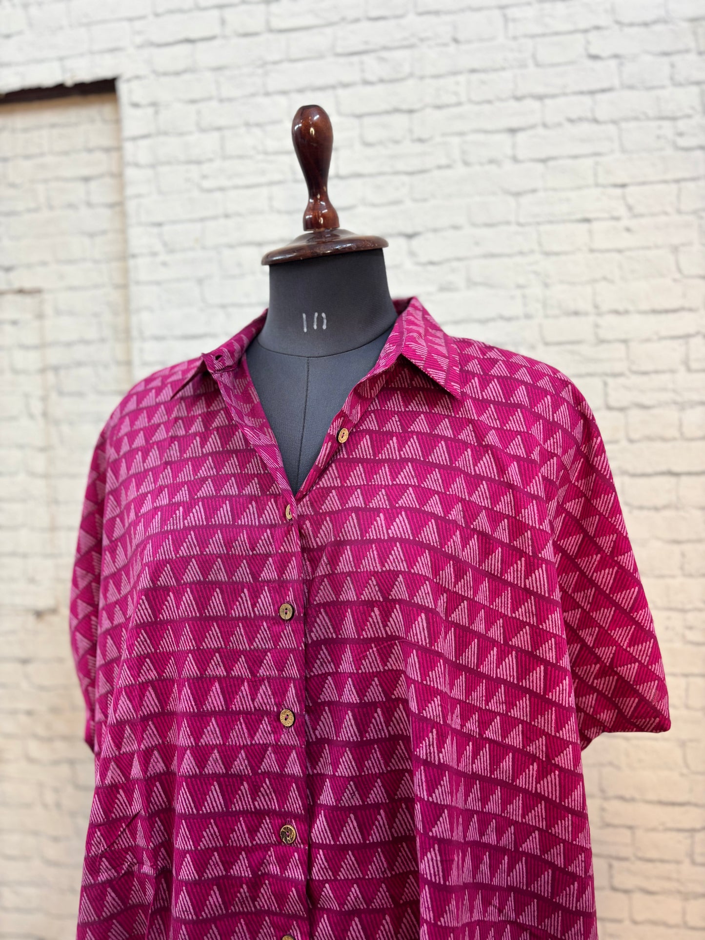 Pink Triangles Hand Block Printed Cotton High Low Shirt Kaftan