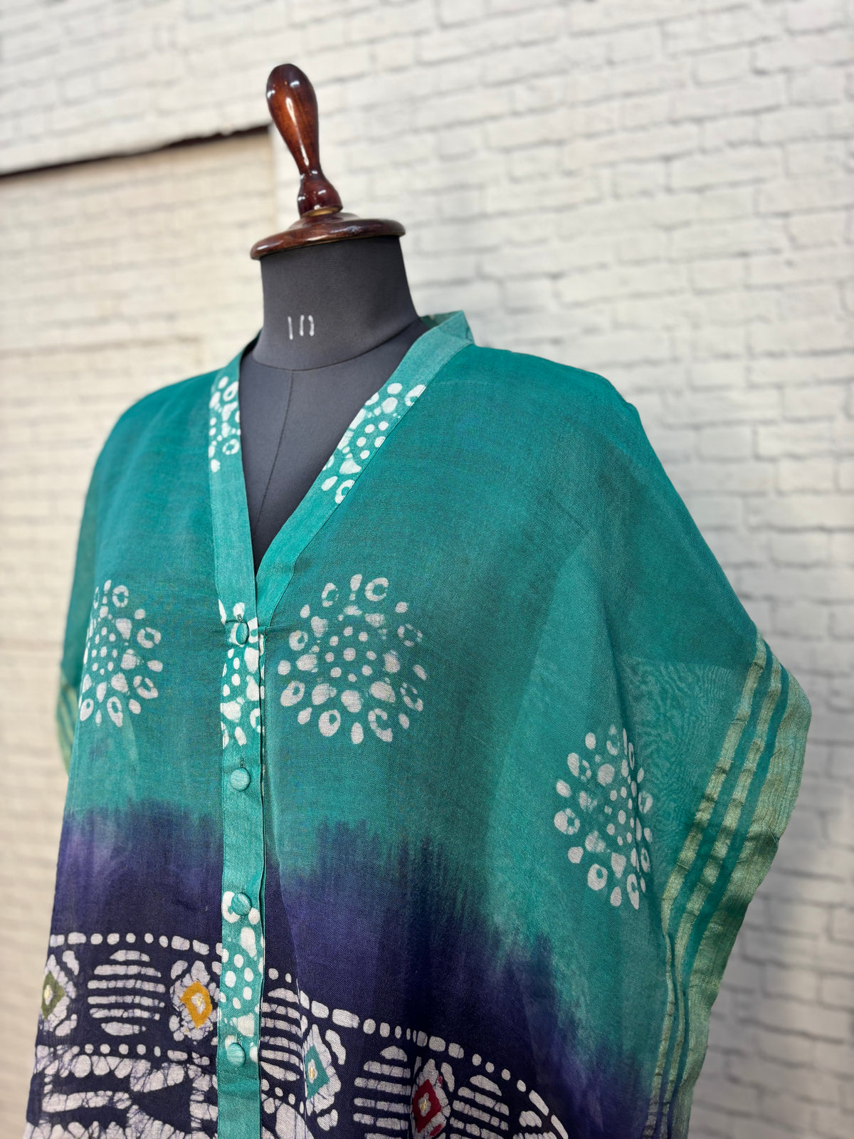 Green Blue Batik Chanderi Shirt Kaftan with Sequin Detailing