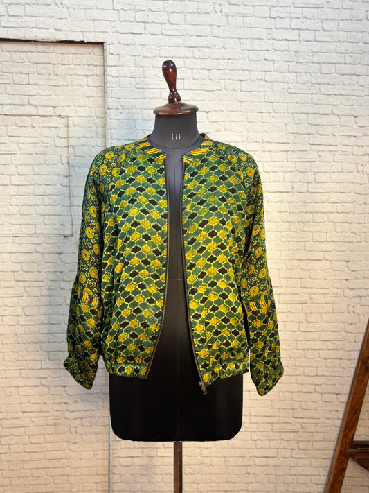 Green Modal Silk Ajrakh Unisex Bomber Jacket