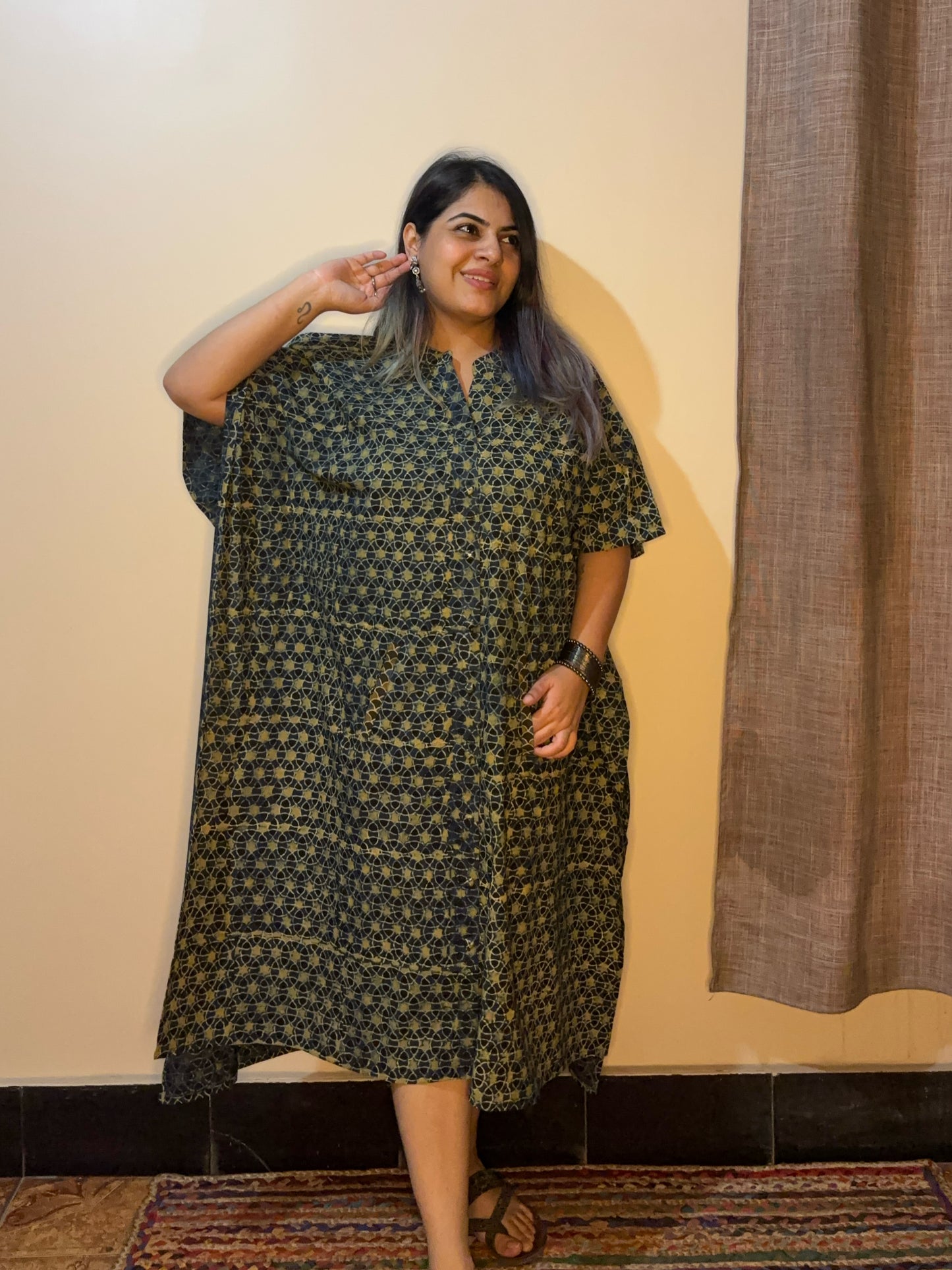 Indigo Green High Low Ajrakh Midi Cotton Shirt Kaftan