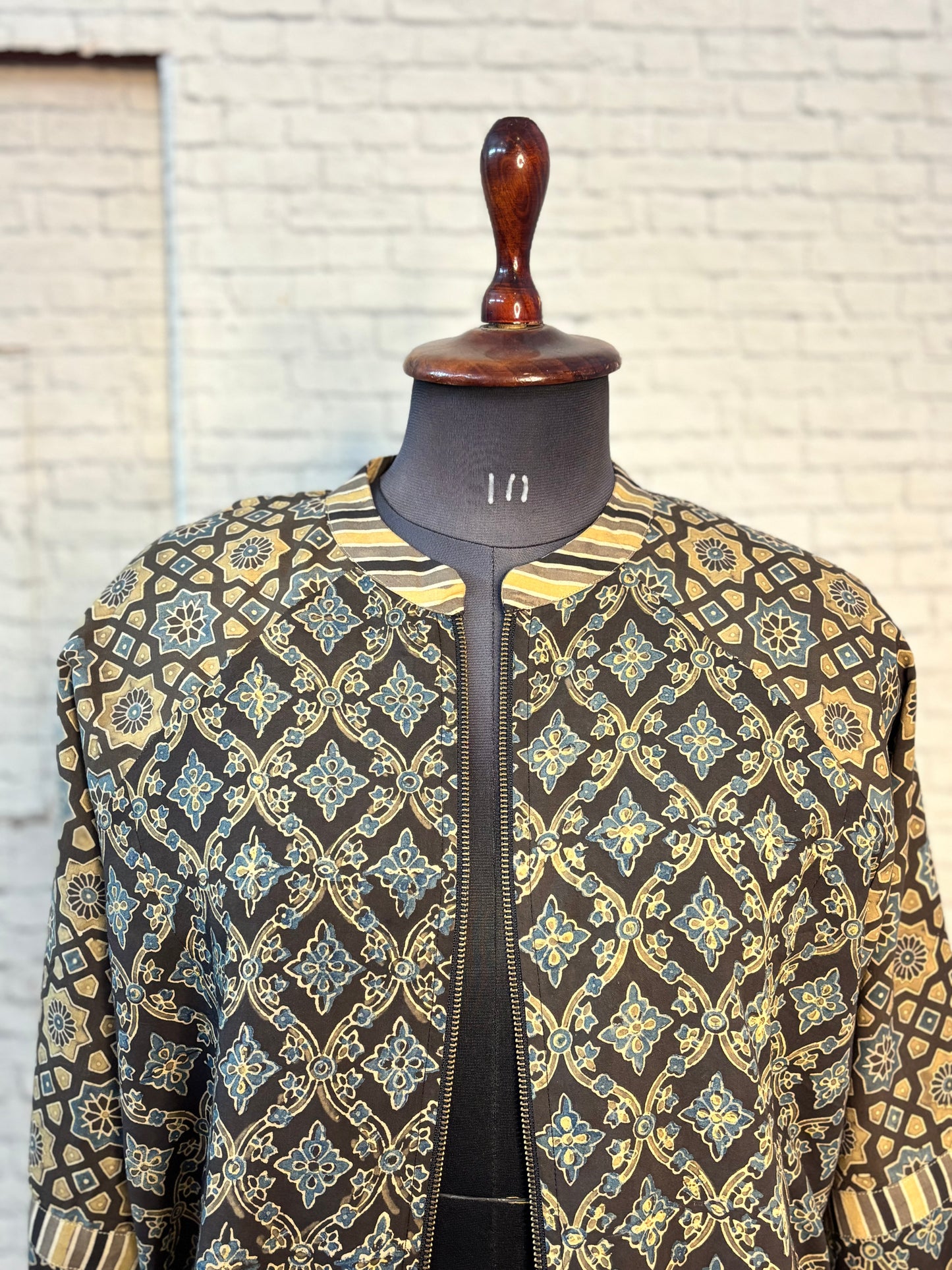 Grey Brown Hand Block Printed Unisex Bomber Jacket