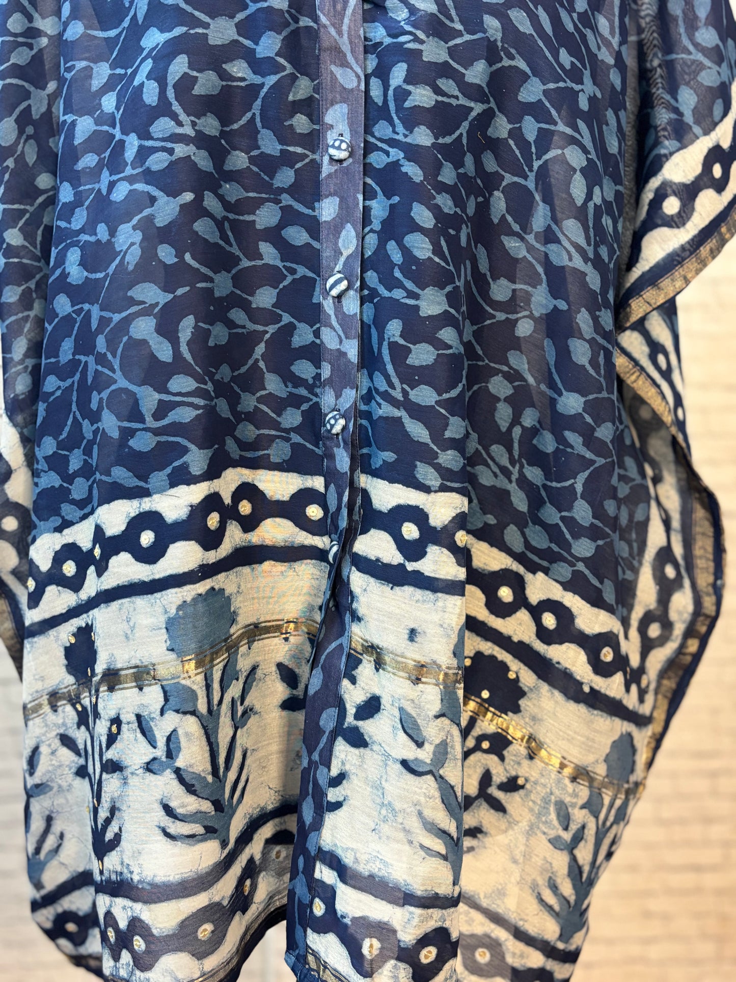 Indigo Dabu Chanderi Shirt Kaftan with Sequin Detailing
