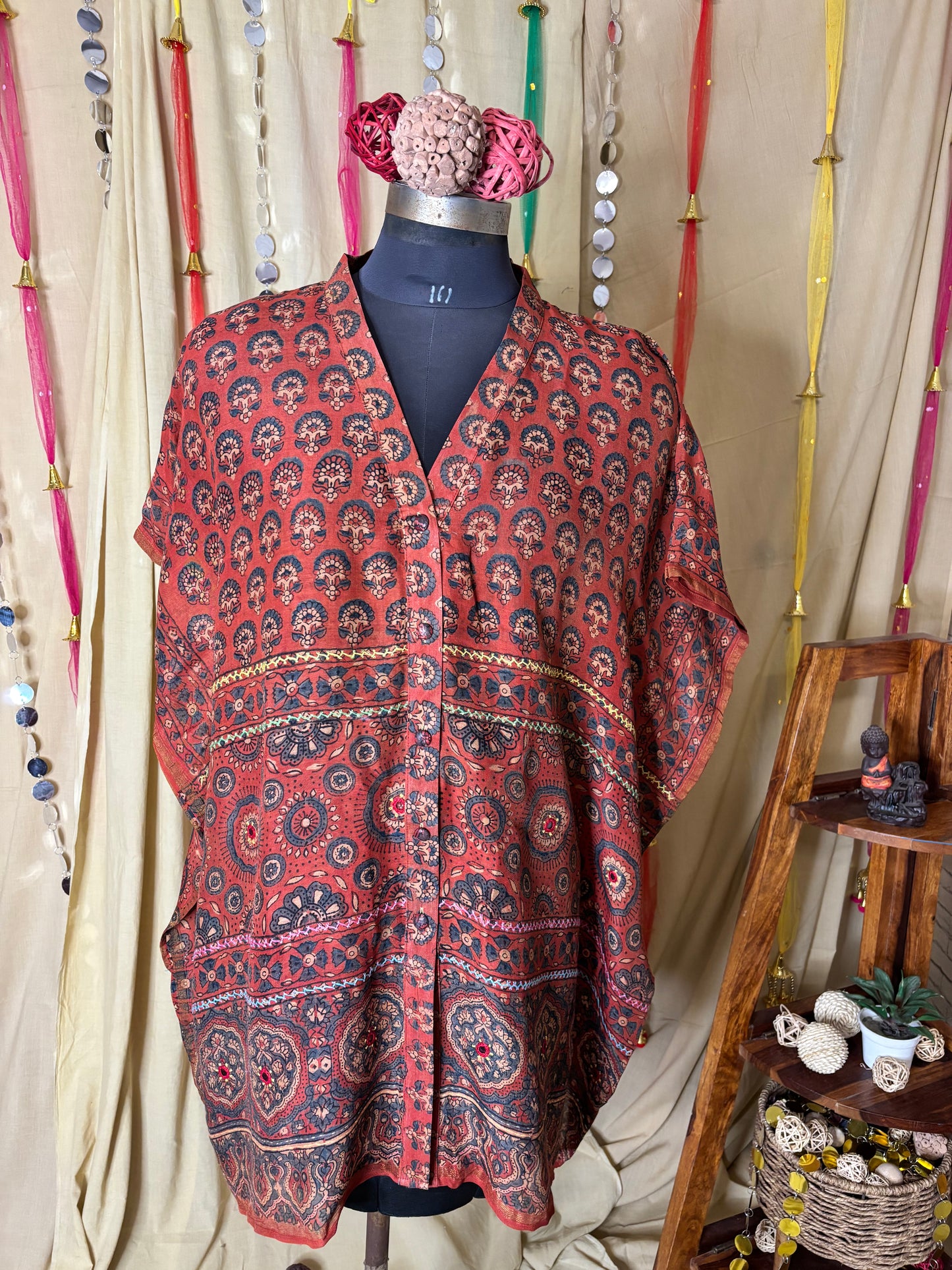 Red Ajrakh Chanderi Shirt Kaftan with Hand Embroidery